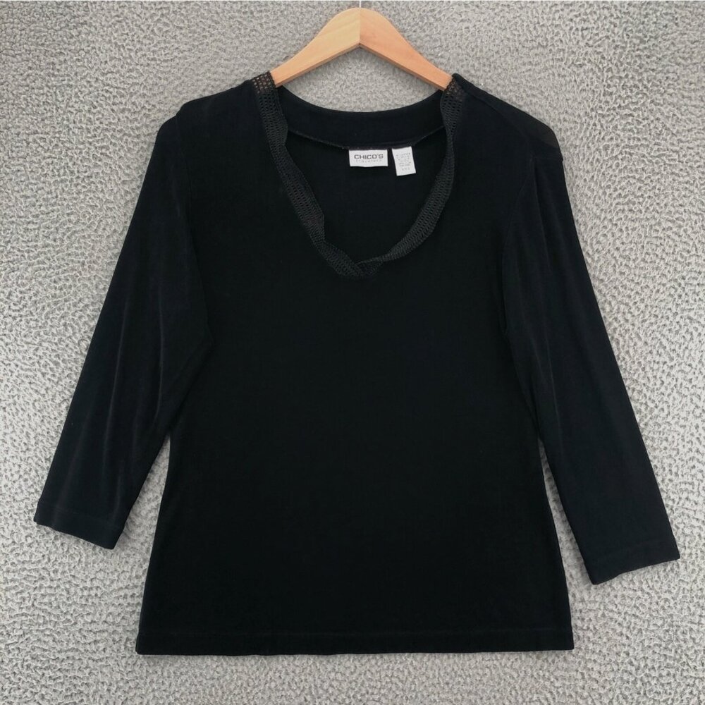 Chicos Top Womens 2 US Large Black Travelers Stretch Crochet V Neck 3/4 Sleeve